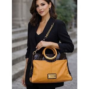 Badgley Mischka Mustard Yellow Leather Satchel Y2K Chain Shoulder Bag